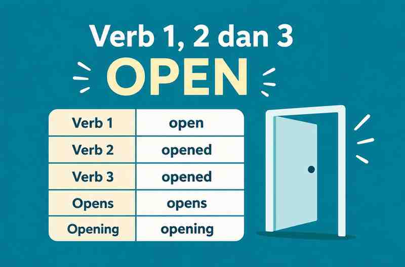 Verb 1, 2 dan 3 Open, Opened, Opened, Opens, Opening