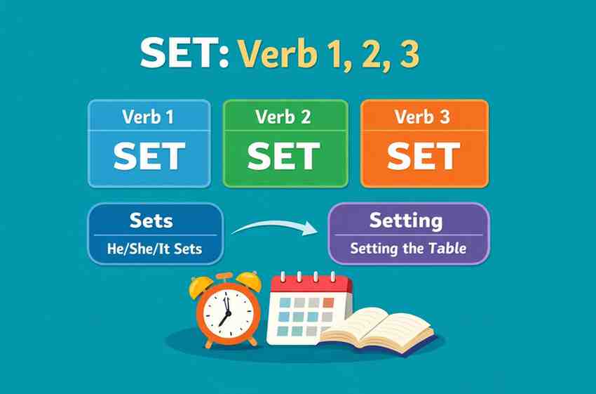 Verb 1, 2 dan 3 Set, Set, Set, Sets, Setting